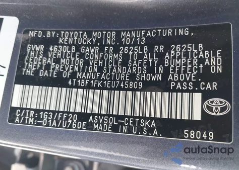 2014 Toyota Camry Se z USA, uszkodzony, nr VIN 4T1BF1FK1EU745809
